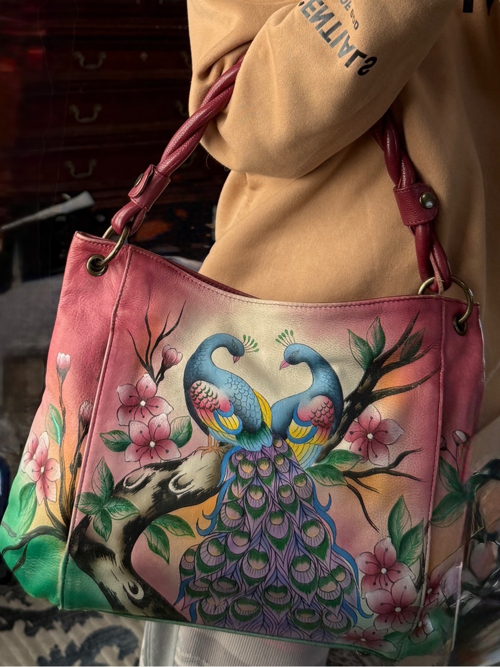 Anuschka Pink Hand-Painted Peacock Shoulder Bag